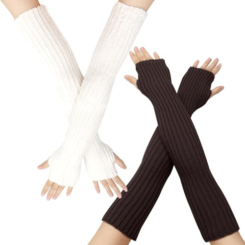 VEGCOO Damen & Mädchen Fingerlose Handschuhe, Gestrickte Armstulpen, Winter Warm, Weiche Lange Stretch Handschuhe, Geeignet für Büro, Tägliche Aktivitäten (Weiß & Dunkelgrau)