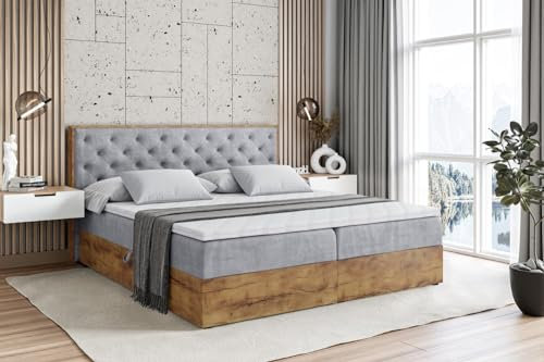 ALTDECOR Boxspringbett mit Matratze und Lattenrost, Topper, Fußteil,Polsterbett mit Bettkasten, Bett mit Stauraum H3-Matratze, Doppelbett, Boxbett - LOLLI3-180x200 - Grau Monolith
