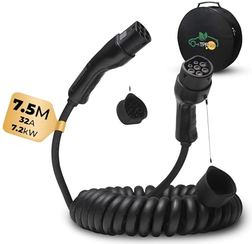 TPFNet Spiral Typ 2 Ladekabel 7.5m – Ladeleistung bis 7.2kW / 32A – Kompatibel mit den meisten Automarken – Flexibles und langlebiges Ladekabel Typ 2 für den privaten & öffentlichen Gebrauch