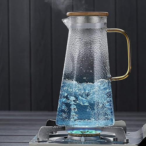 Jarra de Agua de Vidrio Azul Jarra con Tapa y Asa Tetera de Vidrio de Borosilicato Fácil de Limpiar Jugo Resistente al Calor, Leche, Bebidas frías o Calientes Teteras,2L