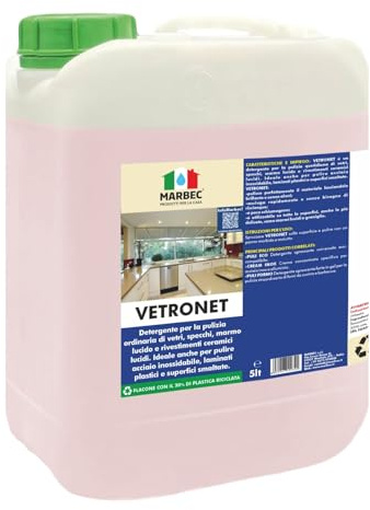MARBEC VETRONET 5LT Detergente versatile per vetri e superfici lucide, ideale per la pulizia di casa o ufficio. Rimuove aloni e residui con efficienza.