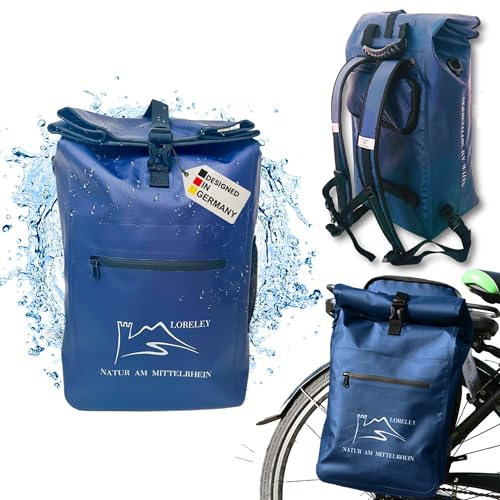 LEONARDINO LORELEY® Natur am Mittelrhein – NEUAUFLAGE – 4 in 1 Fahrradtasche Rucksack und Umhängetasche – 23 Liter Groß und Wasserdicht mit Reflektoren (Blau)