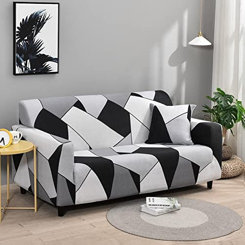 Sofaschoner Schwarz Weiß Sofaüberwurf Weich Spandex Sofaschoner rutschfest Couch Überwurf Waschbare Sofa Überzug Sofabezug mit Elastischen Riemen Sofabezug L Form Pflegeleicht 4 Sitzer