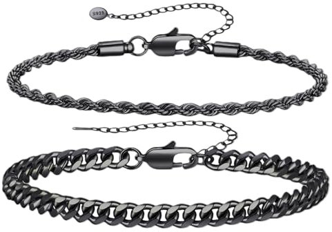 RANKEEF Schwarz Armband Herren Schwarz Kettenarmband für Männer Kubanisches Gliederarmband für Männer Seilarmbänder Armband Herren Herrenschmuck Vatertagsgeschenke