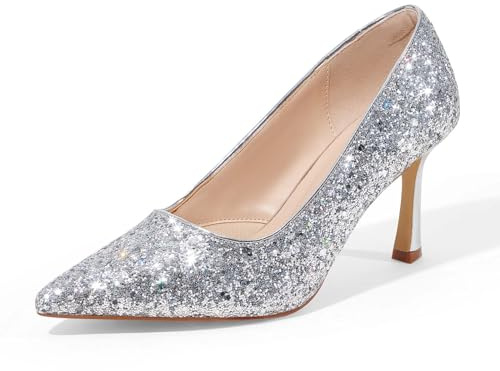 GENSHUO Eleganta höga klackar dampumps med 10 cm klack, snygg för kontor och bröllopsklänningar, Silver glitter, 38 EU