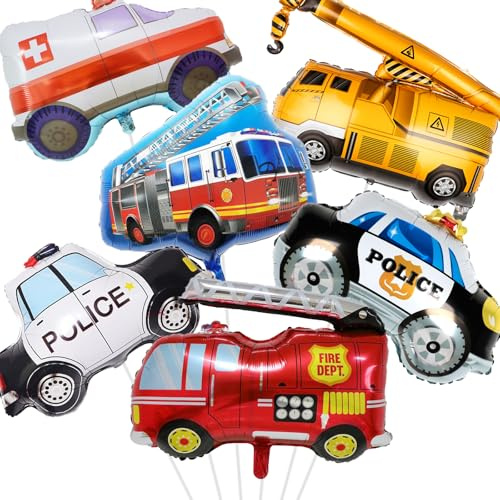 Waziwe Feuerwehr Deko Kindergeburtstag，feuerwehrauto Deko enthält Krankenwagen、Polizeiauto、Kran、Feuerwehrauto Folienballon, Feuerwehr Luftballon Können für Feuerwehr Geburtstag Deko