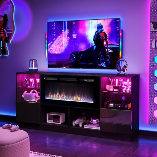 oneinmil Soporte de TV para chimenea con chimenea eléctrica de 36 pulgadas, soporte de consola de TV de 70 pulgadas para televisores de hasta 80 pulgadas, centro de entretenimiento con luz LED,