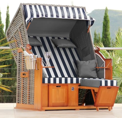 DERKORB Strandkorb 2 Sitzer Ostsee XXL Volllieger, fertig aufgebaut mit Rollen, 137cm breit, ideal für Garten Terrasse Balkon (Blau Weiß)