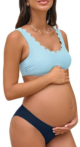 CUPSHE Dam, mammabaddräkt, bikiniset, U-ringning, vågkant, låg midja, bikini, ett stycke, gravidbadkläder, baddräkt, Himmelsblå/marinblå, XL