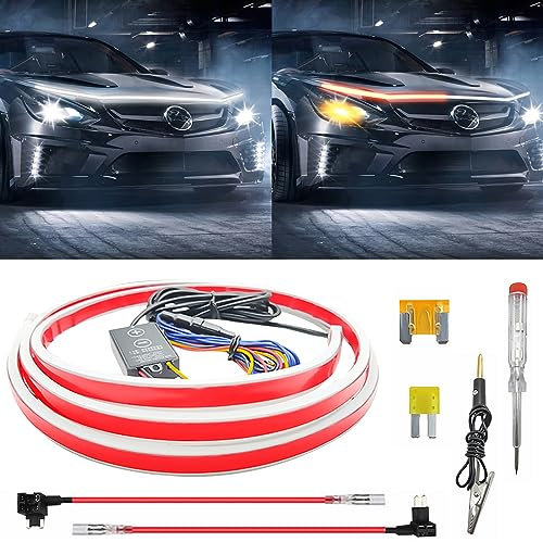 Universal Auto Tagfahrlicht Motorhaube Lichtstreifen, 2-farbiges Wasserdichtes Flexibles Dynamic Scan Start-Up Kit (Gelb, 220cm)