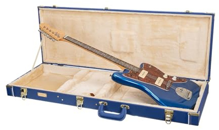 Crossrock Designer Serie – Holzetui für Jazzmaster/Jaguar E-Gitarren – Sicherheitsschloss, Metallfüße, Stauraum – Leuchtend Blau (CRW520JMVB)