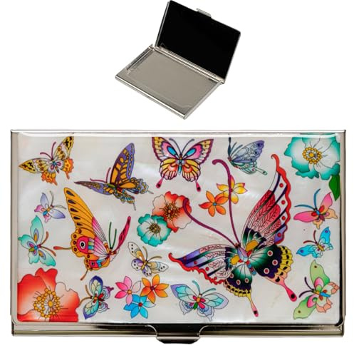 February Mountain Perlmutt-Visitenkartenetui – Korea Geschenk, schlankes Metall-Etui für Kreditkarten & Visitenkarten, RFID-Schutz (Colorful Butterfly on White Background)