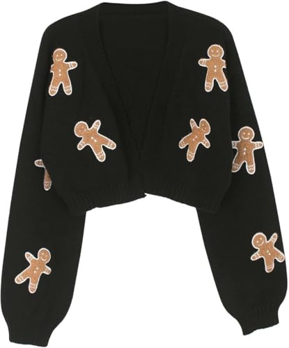 Strickjacke Damen kurz Gemütlicher Strick Cardigan mit Lebkuchenmuster V Ausschnitt langärmelig lässiger Weihnachts Look Festtage (Schwarz,M)
