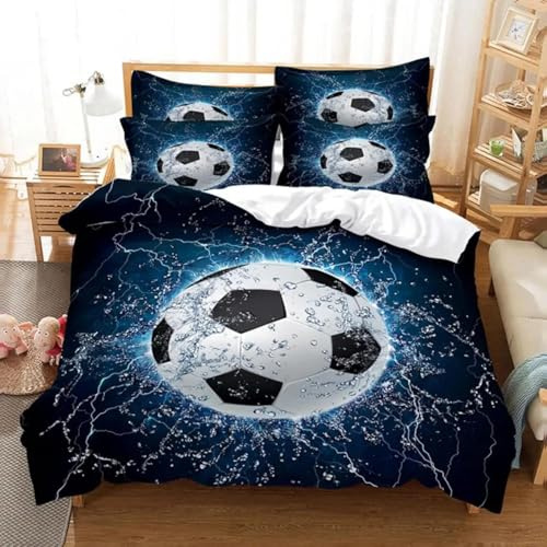 Copripiumino da calcio, set di biancheria da letto con pallone da calcio, per bambini, ragazzi, adolescenti, tema sportivo, copripiumino matrimoniale, singolo, blu, 3 pezzi, 140x200 cm + 40x80 cm * 2
