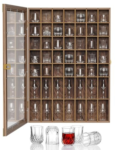 ybaymy Shot Glass Display Case 49 Shot Glass Holder with Removable Shelve Wall Mounted Shadow Box Lockable with UV Protection Acrylic Glasses Door Wooden Collection Display Cabinet