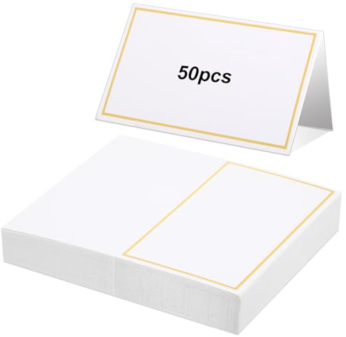 50 Pcs Place Cards for Table Setting, 2×3.34inch Table Tent Cards with Gold Foil Border, Food Labels for Party Buffet, Name Seating Cards for Weddings, Banquets, Events, Dinner Parties(White)