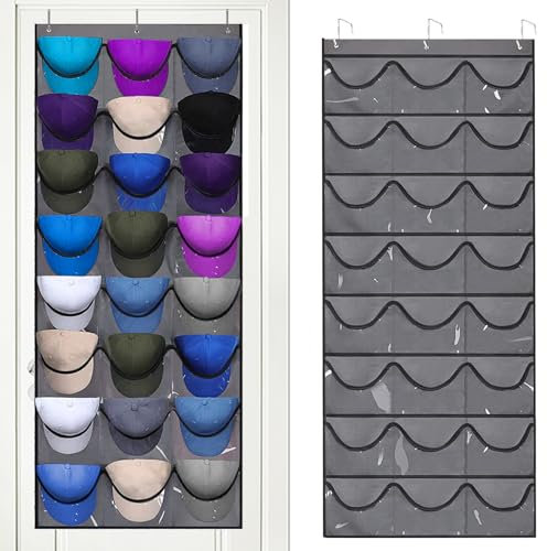 qimeyu Porta Berretto,Porta Cappelli da Baseball,Portas Cappelli da Armadio con 24 Tasche,Contiene 24 Cappellis,Organizer Cappellis Sulla Portas (Grigio)