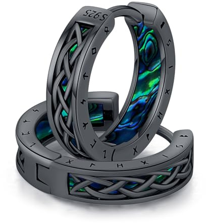 Pendientes Vikingos, Pendientes Negros Nudo Celta Plata de Ley 925,Criollos Runa Nórdica, Regalos joyería para hombre y mujer
