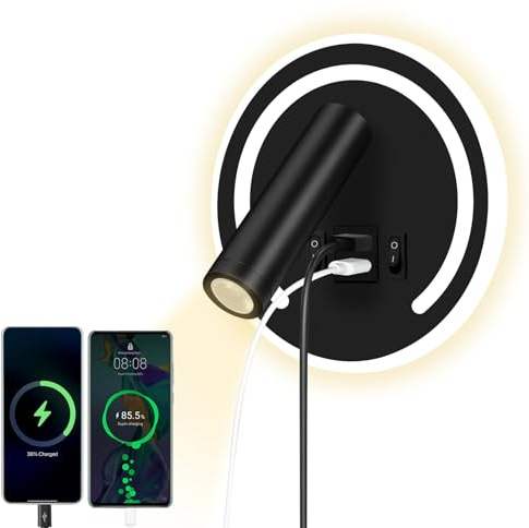 HUIZHOU applique liseuse 3W + 9w LED lampe de lecture, port de charge USB, lampe de chevet rotative 3000k pour chambre à coucher, escalier, couloir, Bureau (Rond noir)