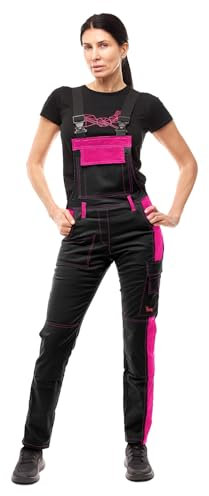 strongAnt Pantalón de Trabajo para Mujer Strong Cotton Stretch con Bolsillos para Rodilleras – Pantalón para Artesanía y Construcción – Negro-Rosa, 50