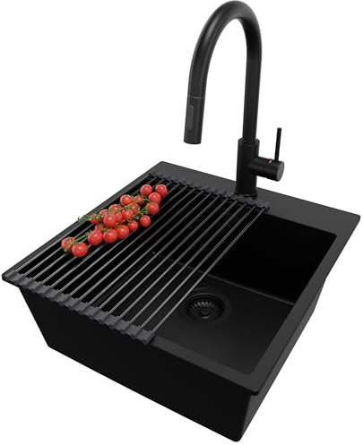 PRIMAGRAN Fregadero Granito al Mueble 50cm + Grifo, 48x50cm | Set: Grifo BW9010 + Kit de desagüe + Enrollable Escurridor + Riga 1 Seno para Cocina, Todo Negro