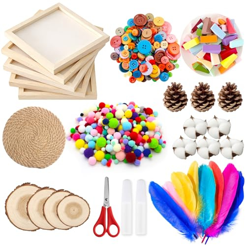 Hiawbon 6Pcs Board Craft Feather Kit, Colorful Feathers for Crafting, DIY Crafting, Handi Crafts, Cottons, Buttons, Feathers, Colorful Pom Poms