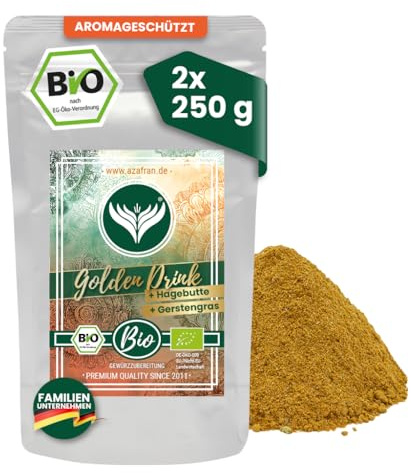 Azafran BIO Golden Drink PLUS Gewürzzubereitung, Kurkuma Latte + Gerstengras & Hagebutte für Goldene Milch Getränke 500g