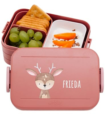 wunderwunsch MEPAL Brotdose Spülmaschinenfest Kinder, Lunchbox mit Einsatz für perfekte Ordnung, Spülmaschine, Mikrowellengeeignet, personalisiert mit niedlichem Motiv (Reh, rosa)