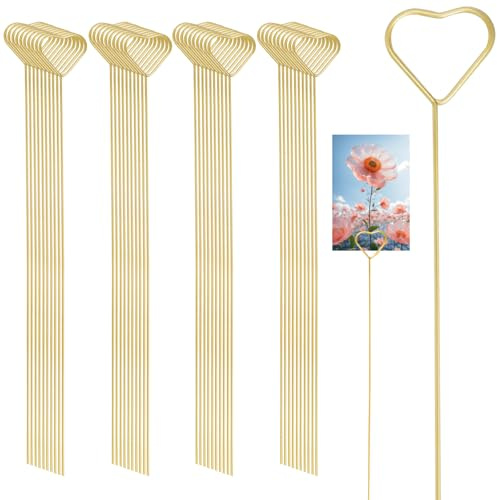 loghohu 40 Stück Blume Fotohalter,Goldene Herzform Fotohalter mit Klammern Blume Kartenhalter,Metall 30 Cm Blumenplatz Tischkartenhalter für Tischdeko Hochzeit,Blumenarrangemen,Kuchendekoration