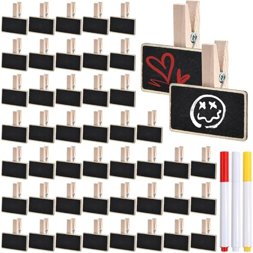 Aurafly 50 Pièces Mini Tableau Noir avec Pince, avec 3 Marqueurs Hydrosolubles, Mini Panneau d'Affichage avec Pince, Mini Tableau Noir Rectangle pour les étiquettes Prix, Mémo, Numéros Table, Mariage