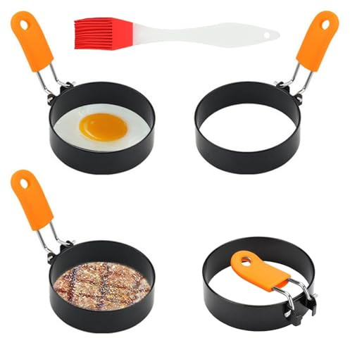 Egg Rings for Frying, 4 Pcs Stainless Steel Egg Rings with Anti-Scald Folding Handle, Non Stick Egg Mold Frying Round Egg Ring with Oil Brush for Household Kitchen Cooking Fryings