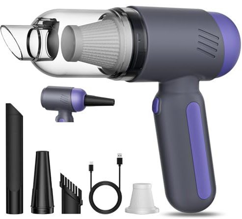 Bblldi Handheld Car Vacuum Cleaner, 2-in-1 Cordless Car Hoover and Air Blower with 15000 Pa Strong Suction, USB-C Rechargeable Lightweight Portable Mini Hand Held for Vehicle/Home/Pet Hair, Purple