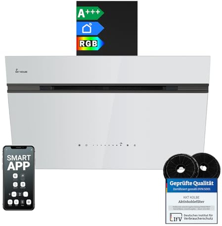 KKT KOLBE AURORA8005SW Hotte aspirante 80 cm 782 m³/h à recirculation d'air évacuée, hotte murale, verre noir et blanc, avec fonction de retardateur automatique, application Smart WiFi Wi-Fi