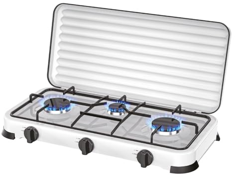 Tekone Fornello a Gas Portatile 3 Fuochi 2,2 kW + 2 x 1,0 kW con Coperchio, Accensione Manuale, Struttura in Metallo Smaltato (3 Fuochi)