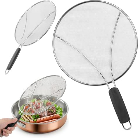KADAX Padella paraspruzzi Ø 25 cm, in acciaio inox con rete a maglia fine, coperchio paraspruzzi per padella, utensili da cucina contro la spruzzatura dell'olio (argento)