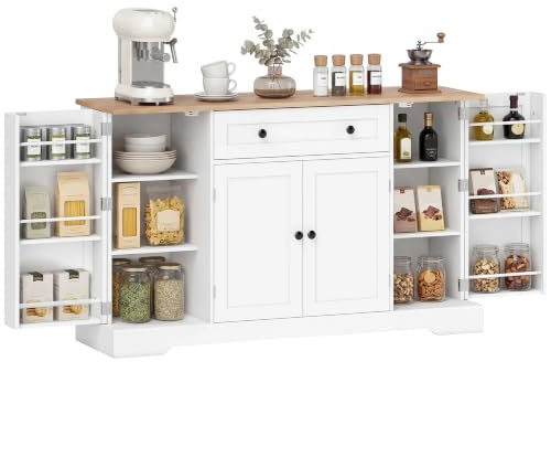 HOMCOM Aparador Armario de Cocina Moderno con Cajón 138x40x83,5 cm Blanco | Estantes en las Puertas, Estantes Ajustables, Barra de Café, para Cocina, Comedor
