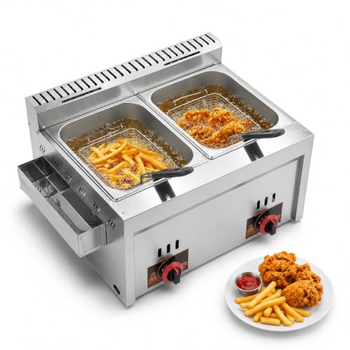 Friteuse a Gaz Professionnelle Friteuse a Gaz 8L × 2Cuves, 2 Paniers Amovibles, Température Réglable, Acier Inoxydable Alimentaire, pour Restaurant, Snack-Bar, Food Truck et Usage Domestique (8L+8L)