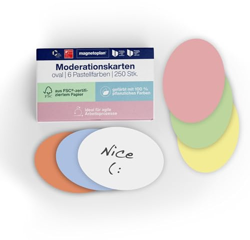 magnetoplan Moderationskarten, oval | 250 Stück in 6 Pastellfarben| FSC-zertifiziert | Kommunikationskarten für Meetings und Präsentationen | BxH 190x110 mm
