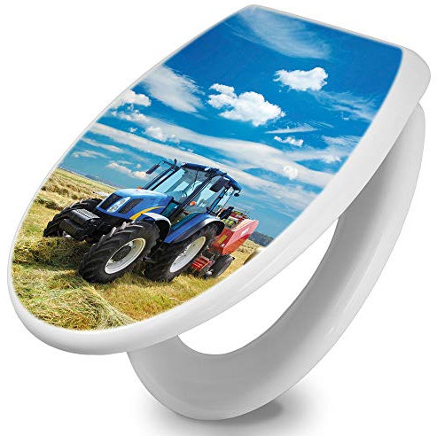 banjado Toilettendeckel mit Absenkautomatik 44,5x37cm / WC Brille Soft Close/hygienischer Toilettendeckel/Klodeckel Duroplast Edelstahl Scharniere einfache Montage/Motiv Traktor