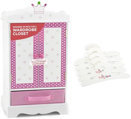 Emily Rose 18 Inch Doll Clothes Armoire Closet Wardrobe – Wish Crown Collection Wooden Storage Cabinet with Hanging Rod, 5 Hangers & Fabric Bin – Fits American Girl & Most 18” Dolls – Easy Assembly