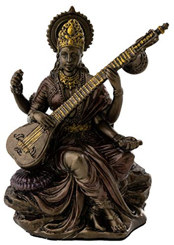 Top Collection Mini Saraswati Statue - Hindu Goddess of Knowledge, Music, Arts, and Wisdom Sculpture in Premium Cold Cast Bronze - 3-Inch Collectible Figurine (Sm. Saraswati)