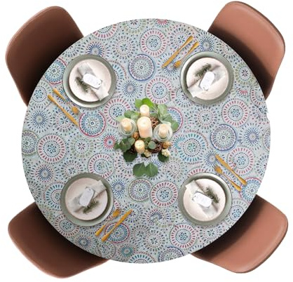 Covers For The Home Deluxe Elastic Edged Flannel Backed Vinyl Fitted Table Cover - Multi-Color Geometric Medallion Pattern - Large Round Oblong Oval - Fits Tables up to 45 - 56 Diameter