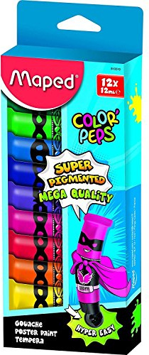 Maped - Peinture Gouache Enfant - 12 Couleurs Intenses Super Pigmentées - Facile à Ouvrir - Bouchon à Clapet Imperdable - Boîte Carton de 12 Tubes de 12 ml M810510