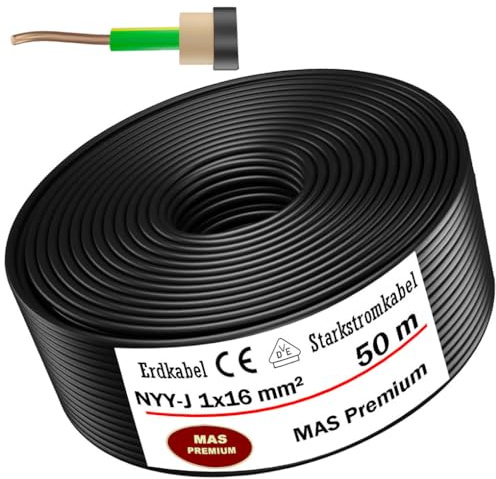 Erdkabel Stromkabel 5, 10, 15, 20, 25, 30, 35, 40, 50, 60, 70, 75, 80, 90 oder 100 m NYY-J 1x16mm² Elektrokabel Ring zur Verlegung im Freien, Erdreich (50m)
