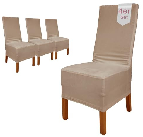 Scheffler Home Stuhlhussen Samt Stein-Beige 4er Set Puma | Weiche Velours-Stuhlbezüge, elastisch und waschbar, für Hochlehner, Polsterstühle und Esszimmerstühle