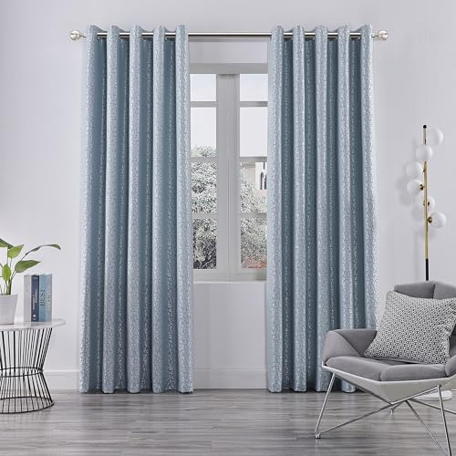 Coastline Leopard Jacquard Full Lined Eyelet Curtains Readymade Window Treatments Blinds 2 Panels (Duckegg, W46 xD90)