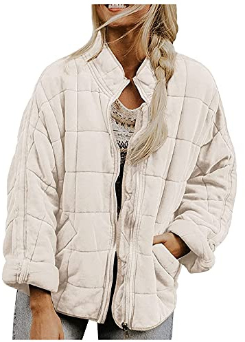 Chaquetas acolchadas para mujer, con cremallera, manga larga, cuello alto, abrigo, abrigo grueso con bolsillos, blanco, L