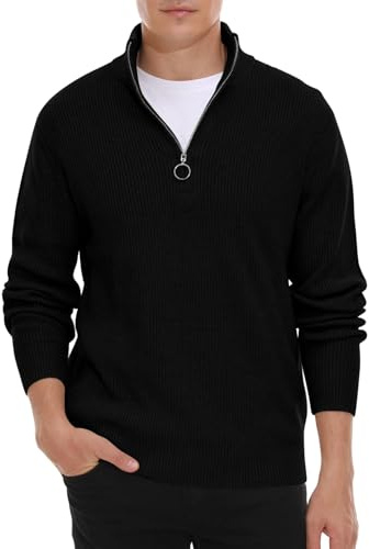 Hisir Pull Homme en Tricoté 1/4 Zip Pullover Sweater, Pull d'hiver Doux et Confortable pour Homme Pulls pour Homme avec Col Montant et Fermeture à Glissière (Noir, L)