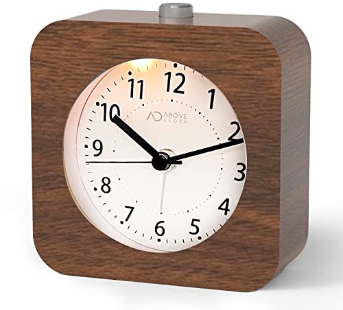 Väckarklocka analog utan tickande, trä med snooze, nattduksbord retro batteridriven [1 × AA-batteri krävs] - Naturligt trä i brunt