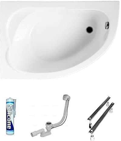ECOLAM® Badewanne Wanne Eckwanne Eckbadewanne Acryl weiß Standard Polimat 130x85 cm LINKS + Ablaufgarnitur Ab- und Überlauf Automatik Füße Silikon Set